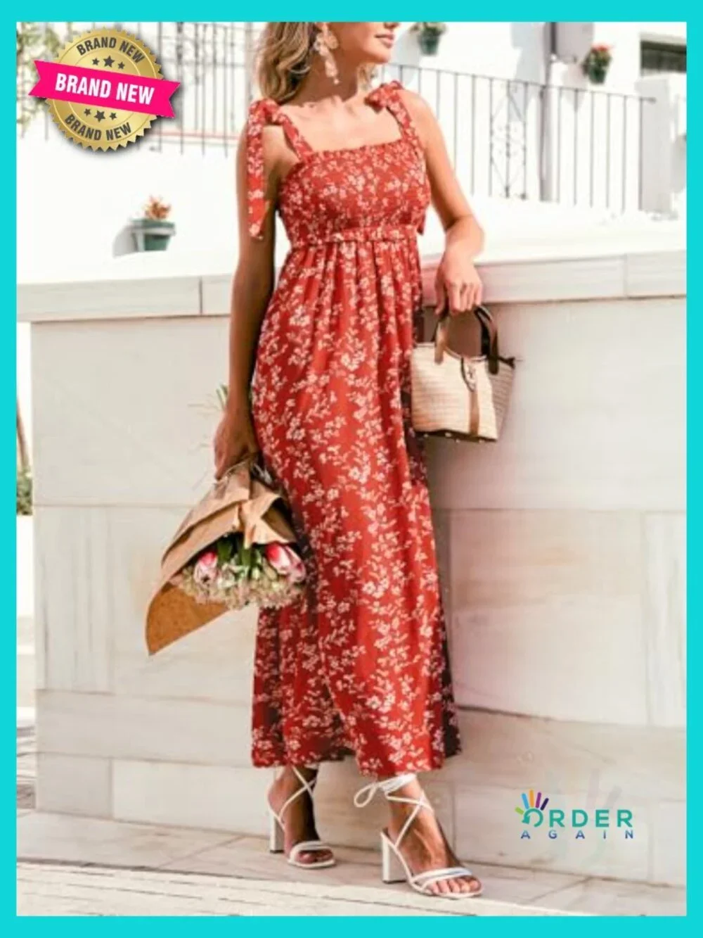 Women's Sleeveless Smocked Midi Sundress Flowy A-Line Casual Beach Summer Dress